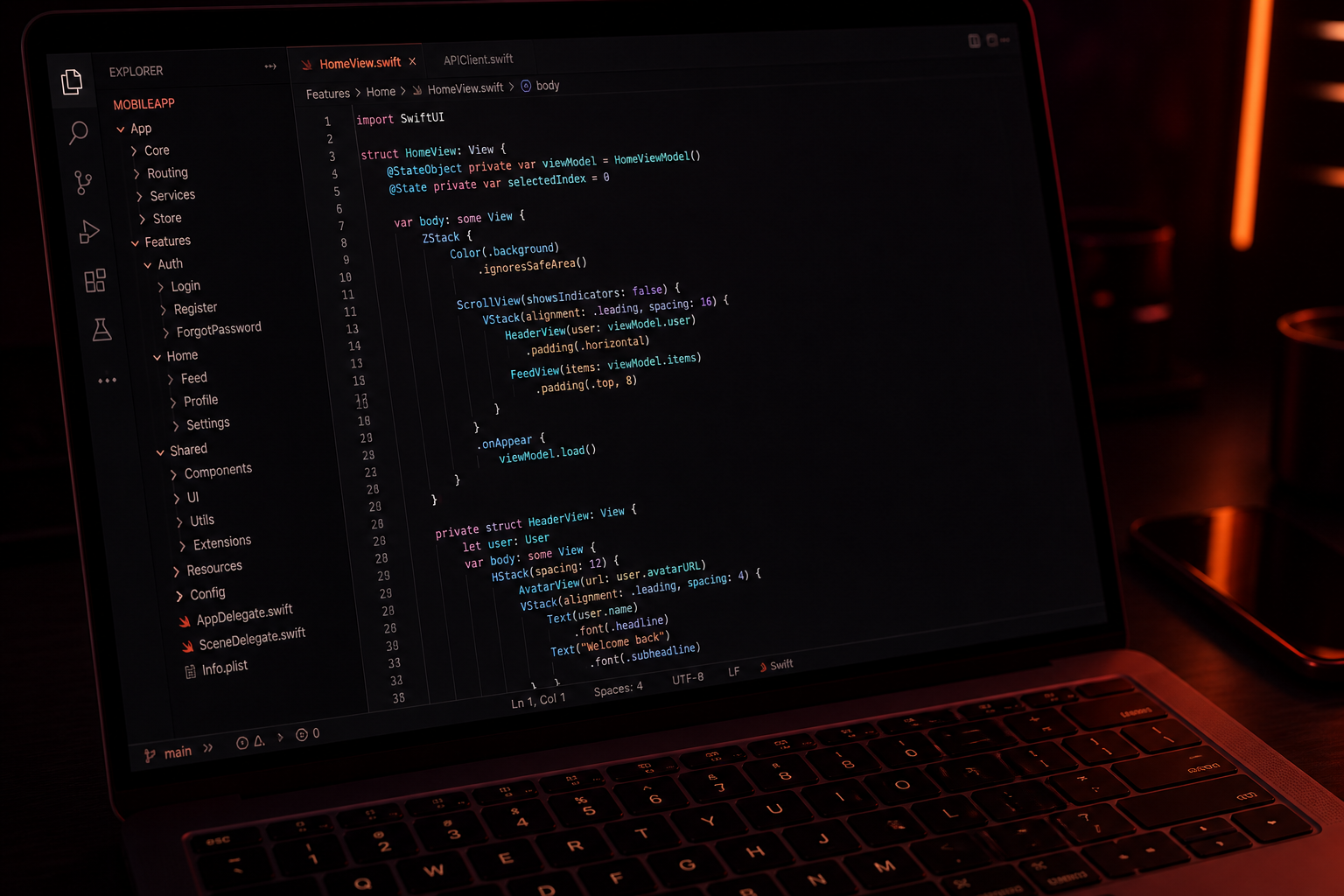 Code editor on a laptop building a mobile app